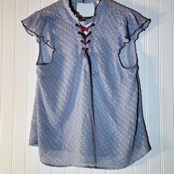 Living Doll Blue Sheer Ruffle Blouse XL | CottageRomantic Fairycore Boho Lace-Up - Picture 2 of 10